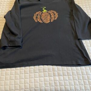 Karen Scott Black Top with Orange Pumpkin Motif